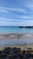 A landscape of a sunny beach with a bridge. Un paisaje de una playa soleada con puente