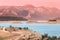 landscape at the sunrise in the morning. Idyllic nature with silhouettes of the Taurus mountains. Karacaoren lake in the