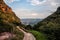 Landscape at sunrise with  a path downhill in Entabeni Game Reserve