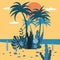 Landscape sunset tropics exotic flora plants, palm trees, leaves, cacti. Trend Fleet Cartoon Style, Vector, Illustration