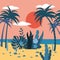 Landscape sunset tropics exotic flora plants, palm trees, leaves, cacti. Trend Fleet Cartoon Style, Vector, Illustration