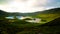 Landscape sunset view to Caldeirao crater, Corvo island, Azores, Portugal