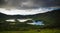 Landscape sunset view to Caldeirao crater, Corvo island, Azores, Portugal