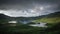 Landscape sunset view to Caldeirao crater, Corvo island, Azores, Portugal