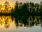 Landscape with swamp lake at sunset, beautiful reflections of calm blurred lake water