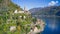 Landscape of Swiss Lake Lugano and Morcote, church of Santa Maria del Sasso