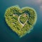 Landscape symbol of romance and love with a heart shaped forest seen from the sky in a forest and drawn with a road