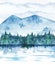 Landscape template. Mountains, fir wood, lake and sky. Hand drawn watercolor illustration