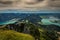 Landscape on the top of the hiking trail to the Schafberg and view of landscape over the Wolfgangsee and Mondsee