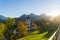 Landscape with a traditional church and autumn forest, Gruyeres, Switzerland