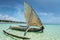 Landscape with traditional sail boat on tropical sea beach isolated in Diani Beach, Watamu, Zanzibar Maldives Caribbean sea