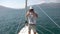 Landscape travel photographer tourist taking photo from sailing boat