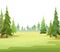 Landscape with trees. Coniferous plants.. Thick forest on the horizon. Illustration in cartoon style flat design