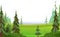 Landscape with trees. Far meadows and forests. Coniferous plants.. Illustration in cartoon style flat design Isolated on