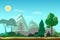 Landscape. trees and rocks outdoor landscape with shiny weather. Vector cartoon background