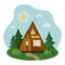 Landscape of triangle tiny house for comfort camping in forest. Eco friendly rest concept. Vector flat illustration