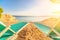 Landscape of Two Lonely beachchairs on the sand near sea