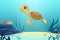 Landscape underwater ocean bottom with swimming turtle. Digital illustration