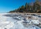 Landscape with Veczemju cliffs, which are the most impressive and colorful group of sandstone cliffs on the coast of Vidzeme, ice