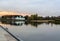 Landscape of Velikaya River at sunset with the Spaso-Preobrazhensky Mirozhsky Monastery of the Pskov in background