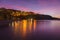 Landscape view of Anse a lâ€™Ane beach and calm bay at colorful dusk with peaceful Caribbean sea, Martinique island