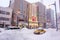 Landscape view and buildings in the city of Sapporo, Japan are full of heavy snow