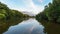 Landscape view on calm Desna river in Zarechie park in Troitsk