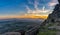 Landscape view of the el Torcal rock formations and the Montes de Malaga Nature Park in Andalusia at sunset