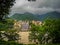 Landscape view of Ganga river with mountains river and clouds in Rishikesh India. Monsoon view of mountains