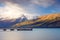 Landscape view of Glenorchy wharf, lake and moutains, New Zealan