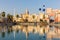 Landscape view of Global Village amusement park in Dubai with Bahrain, Kuwait and Yemen national pavilions.