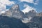 Landscape view of the Grand Teton and Mount Owen peaks with Teton Glacier