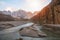 Landscape view of Hussaini hanging bridge above Hunza river, surrounded by mountains. Pakistan.