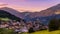 Landscape view of Ladis at sunset in summer, Tirol mountains on the background