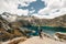 A landscape view of laguna churup, a lagoon hidden in the peruvian andes mountains near the town of huaraz