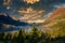 Landscape view of lake and mountain range in Glacier NP, Montana, US