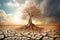 Landscape View Lonely Dead Tree Under Cracked Dry Land Without Water With Nature Background, Global Warming Concept.