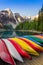 Landscape view of Moraine lake with colorful boats, Rocky Mountains