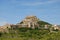 Landscape view of Morella, an ancient walled city on a hill top