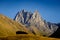 Landscape view of mountain peaks and meadows in Kazbegi, Georgia