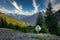 Landscape view of mountain range and lonely sheep, Vrsic pass, Slovenia