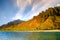 Landscape view of Na Pali coastline cliffs and beach, Kauai, Hawaii