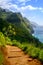 Landscape view of Na Pali coastline and Kalalau trail, Kauai