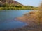 Landscape view over beautiful Kunene River which seperates Namibia and Angola, Southern Africa