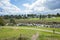 Landscape view over Skeleton Waterholes Creek with rows of suburban houses/Australian homes in the distance. Footpath/walking