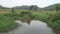 A landscape view of a polluted urban pond with paddy field and surrounding area