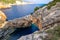 Landscape view of rocky formations and cliffs at Korakonissi, Zakynthos