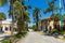 Landscape view of street of Miami. Colorful buildings on blue sky with white clouds background.  USA.