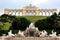 Landscape view of tbe SchÃ¶nbrunn Palace Gloriette including the garden and fountain