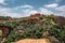 Landscape view of touristic area waterfall with hotel complex on the top of the area, Ouzoud Falls. Moyen Atlas village of